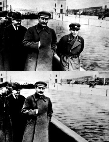 Un'immagine dell'epoca di Stalin. Un personaggio diventato scomodo e quindi eliminato fisicamente, il commissario Nikolai Yezhov ex capo dei servizi segreti sovietici, fu anche cancellato dalla foto che lo ritraeva con il leader dell'URSS